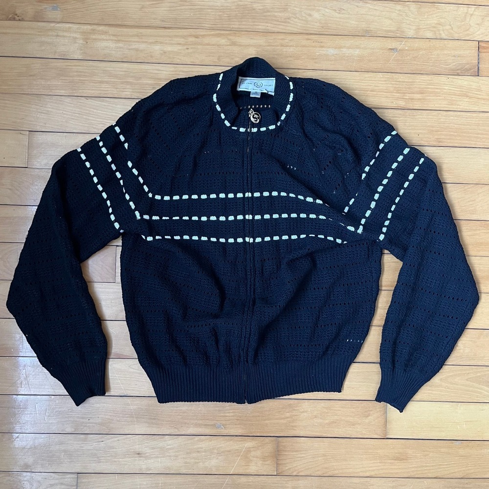 St John Sport Marie Gray Navy Blue Pointelle Zip Up Sweater Ivory Dash Small